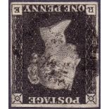 STAMPS : PENNY BLACK : Plate 1b, four margin example with INVERTED watermark. Cancelled by black MX.