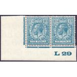GREAT BRITAIN STAMPS : GV 1924 10d Turquoise mounted mint control L29 pair