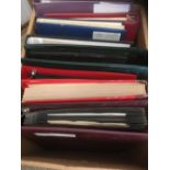 STAMPS : WORLD, box with various albums & binders, covers etc.