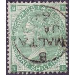 GREAT RITAIN STAMPS USED ABROAD : 1862 One Shilling Green plate 1 cancelled by Malta CDS.