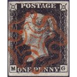 STAMPS : PENNY BLACK : Plate 4 (MG). Superb four margin example cancelled by central red MX.