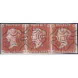 GREAT BRITAIN STAMPS : 1841 1d red strip of 3, four margins, pressed vertical crease,