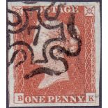 GREAT BRITAIN STAMPS : 1841 Penny Red with No 7 in MX, four large margins and upright strike.