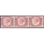 GREAT BRITAIN STAMPS : 1870 1/2d Rose Plate 14 , lightly mounted mint strip of three.