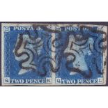 STAMPS : 1840 TWO PENNY BLUE : Plate 2 (QK-QL) superb four margin pair cancelled by black MX's,