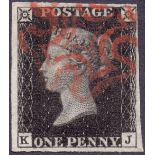 STAMPS : PENNY BLACK : Plate 5 (KJ) very fine used four margins