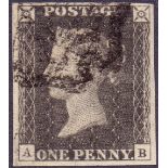 STAMPS : PENNY BLACK : PLATE 11 Greyish Black four margin example cancelled by Plymouth MX,