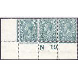 GREAT BRITAIN STAMPS : GV 1912 4d Grey Green N19 (p) mounted mint control strip of 3