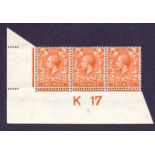 Great Britain Stamps : GV 1912 2d Orange K17 control strip of 3 mounted mint SG 367