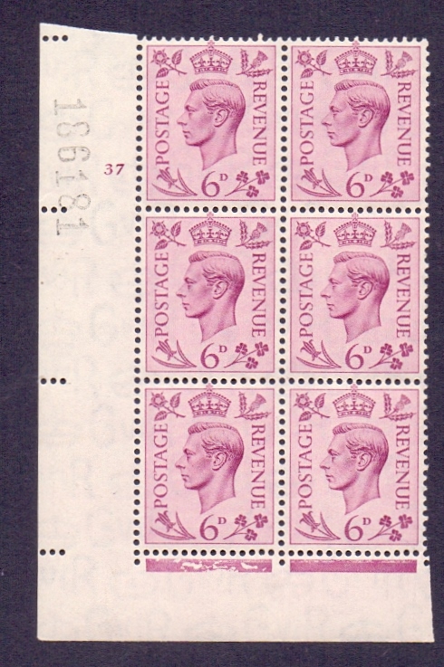 Great Britain Stamps : 1939 6d Purple Cylinder 37 no dot Unmounted mint block of 6