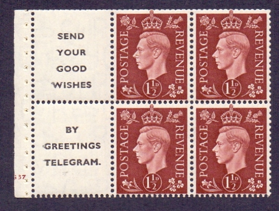 Great Britain Stamps : GVI 1937 1 1/2d Advert Booklet Pane, lightly mounted mint.