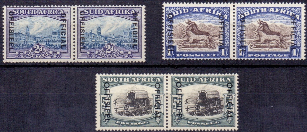 SOUTHAFRICA STAMPS : 1939 - 1950 2d, 1/- and 5/- Officials , mounted mint in conjoined pairs.