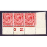 Great Britain Stamps : GV 1912 1d Carmine S21 Control Strip of 3 mounted mint