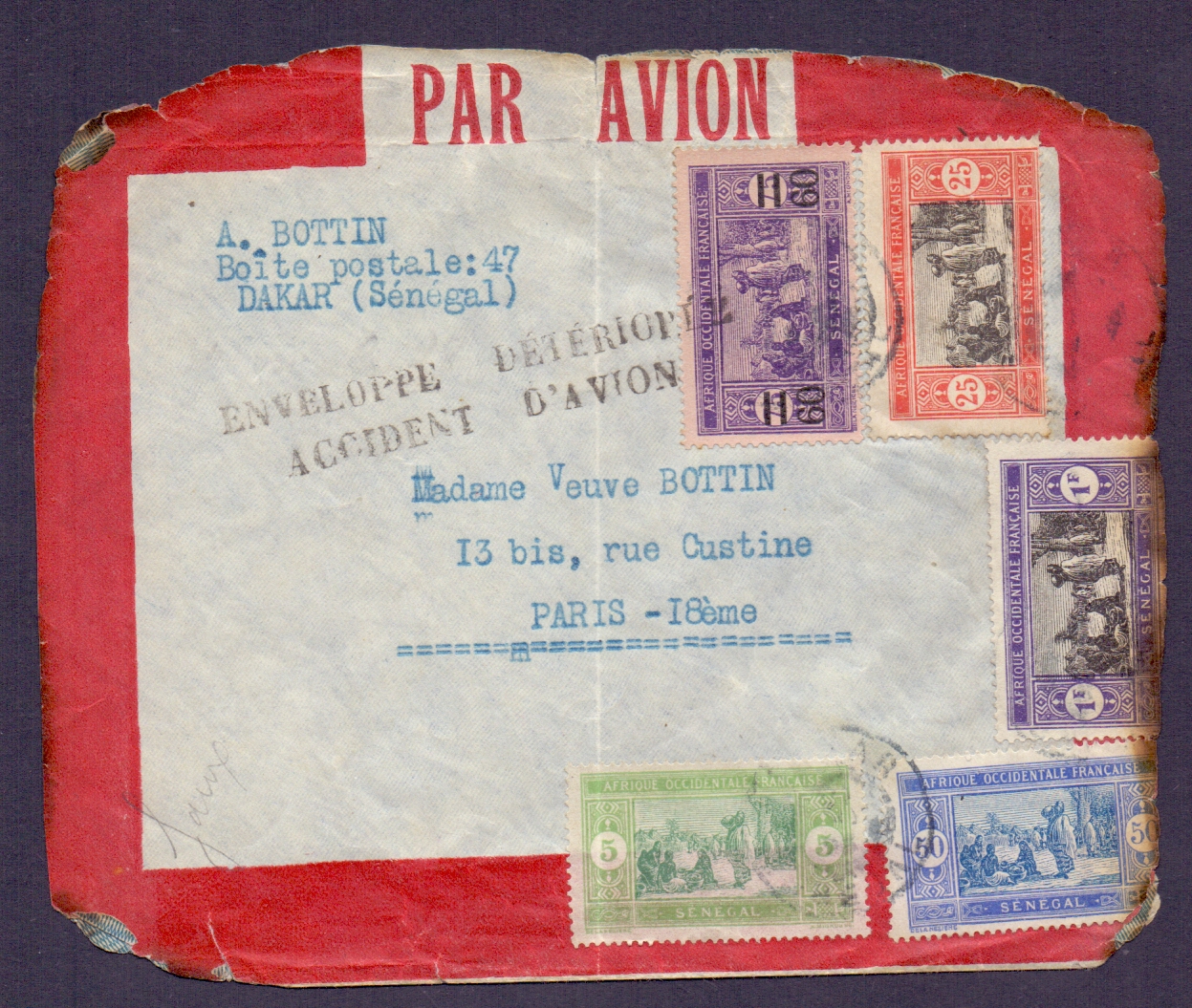 Senegal Crash airmail cover, date of postmarks on remaining stamps is unclear,