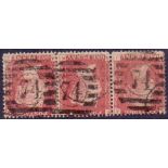 1858 1d Red plate 86 good used strip of 3,