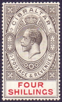 Gibraltar Stamps: 1912 4/- Blacka nd Carmine mounted mint SG 83