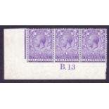 Great Britain Stamps : GV 1912 3d Violet B13 Control strip of 3 mounted mint SG 375