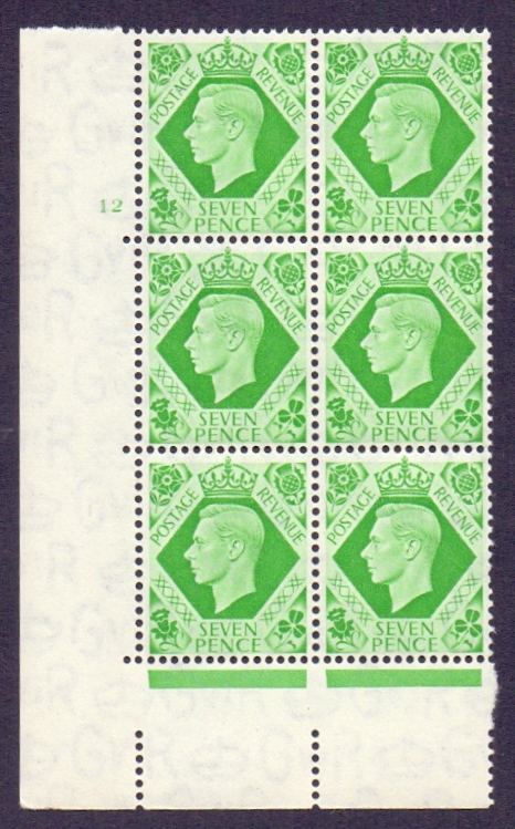 Great Britain Stamps: 1939 GVI 7d Emerald Green Cylinder 12 no dot,