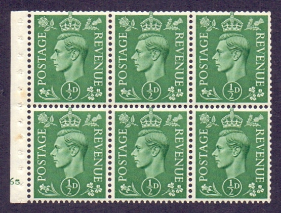 Great Britain Stamps : 1942 1/2d Pale Green Booklet pane of 6 Cyl E65 unmounted mint.