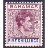 Bahamas Stamps : 1938 5/- Brown Purple and deep Bright Blue mounted mint SG 156d