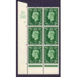 Great Britain Stamps : GVI 1937 1/2d Green control D38 Cyl 70 no dot, unmounted mint block of 6.