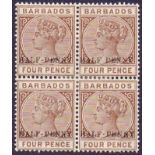 Barbados STamps : 1892 1/2d on 4d Deep Brown mint block of 4 one with no hyphen,