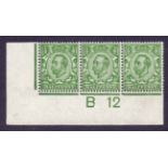 Great Britain Stamps : GV 1912 1/2d Green B12 control strip of 3 lightly mounted mint