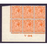 Great Britain Stamps : GV 2d Orange V34 Control block of 6 lightly mounted mint