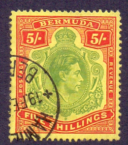 Bermuda STamps : 1950 5/- Yellow Green and Red/Pale Yellow perf 13 fine used.