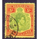 Bermuda STamps : 1950 5/- Yellow Green and Red/Pale Yellow perf 13 fine used.