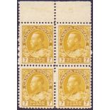 CANADA STAMPS : 1916 7c Yellow Ochre mounted mint block of four, lower two stamps unmounted,