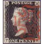 GREAT BRITAIN STAMPS : PENNY BLACK Plate 6 (TH) very fine four margins upright red MX