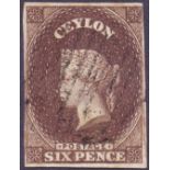 CEYLON STAMPS : 1857 6d Deep Brown, very fine used four margin, scarce,