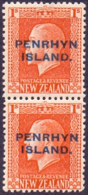 COOK ISLANDS STAMPS : PENRHYN 1917 1/- Vermilion, lightly mounted mint vertical pair.