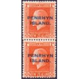 COOK ISLANDS STAMPS : PENRHYN 1917 1/- Vermilion, lightly mounted mint vertical pair.
