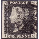 GREAT BRITAIN STAMPS : PENNY BLACK Plate 4 (SK) four margin example,