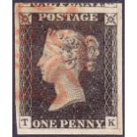 GREAT BRITAIN STAMPS : PENNY BLACK Plate 3 (TK) superb four margin cancelled by red MX,