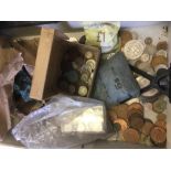 COINS : Mixed box of World coins includes some early Great Britain, 1887 double florin noted,