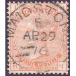 GREAT BRITAIN STAMPS : 1876 4d Vermilion (HI) plate 15, cancelled by MAIDSTONE CDS.