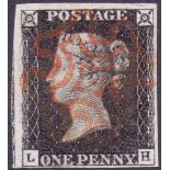 GREAT BRITAIN STAMPS : PENNY BLACK Plate 4 (LH) very fine 4 margin example cancelled by Red MX