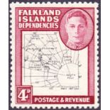 FALKLANDS STAMPS : 1948 4d Black and Claret Thin Maps, PRINTED DOUBLE.
