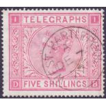 GREAT BRITAIN STAMPS : 1876 5/- Telegraph fine used, Crisp Hartlepool CDS,