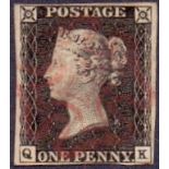 GREAT BRITAIN STAMPS : PENNY BLACK : Plate 3 just four margins(QK) cancelled by RUBY Aberdeen MX,