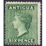 ANTIGUA STAMPS : 1884 6d Deep Green, mounted mint, watermark Crown CA,