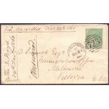 GREAT BRITAIN POSTAL HISTORY : 1855 1/- Green on small envelope to Melbourne 24 Dec 1860 SG 72