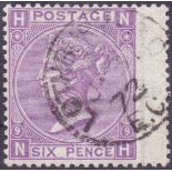 GREAT BRITAIN STAMPS : 1869 6d Mauve plate 9 , superb used with steel CDS cancel.