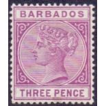 BARBADOS STAMPS : 1882 3d Deep Purple, mounted mint Wmk Crown CA,