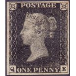 GREAT BRITAIN STAMPS : PENNY BLACK Plate 8 (QE) four large margins, very lightly used,