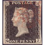 GREAT BRITAIN STAMPS : PENNY BLACK Plate 4 (QJ) four margin example,