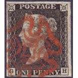 GREAT BRITAIN STAMPS : PENNY BLACK Plate 7 (GH) 4 margin example cancelled by Red MX